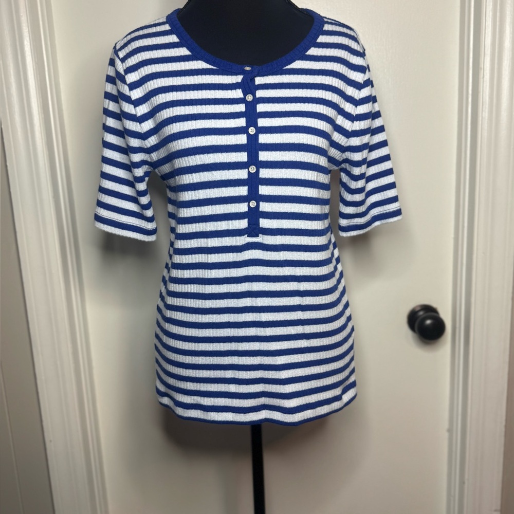 J Crew Women Blue and White Striped Elbow Sleeve Henley Ribbed Shirt Medium